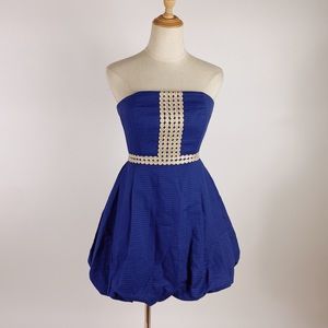 LILLY PULITZER Regency Strapless Bubble Hem Dress Blue Gold Womens 0